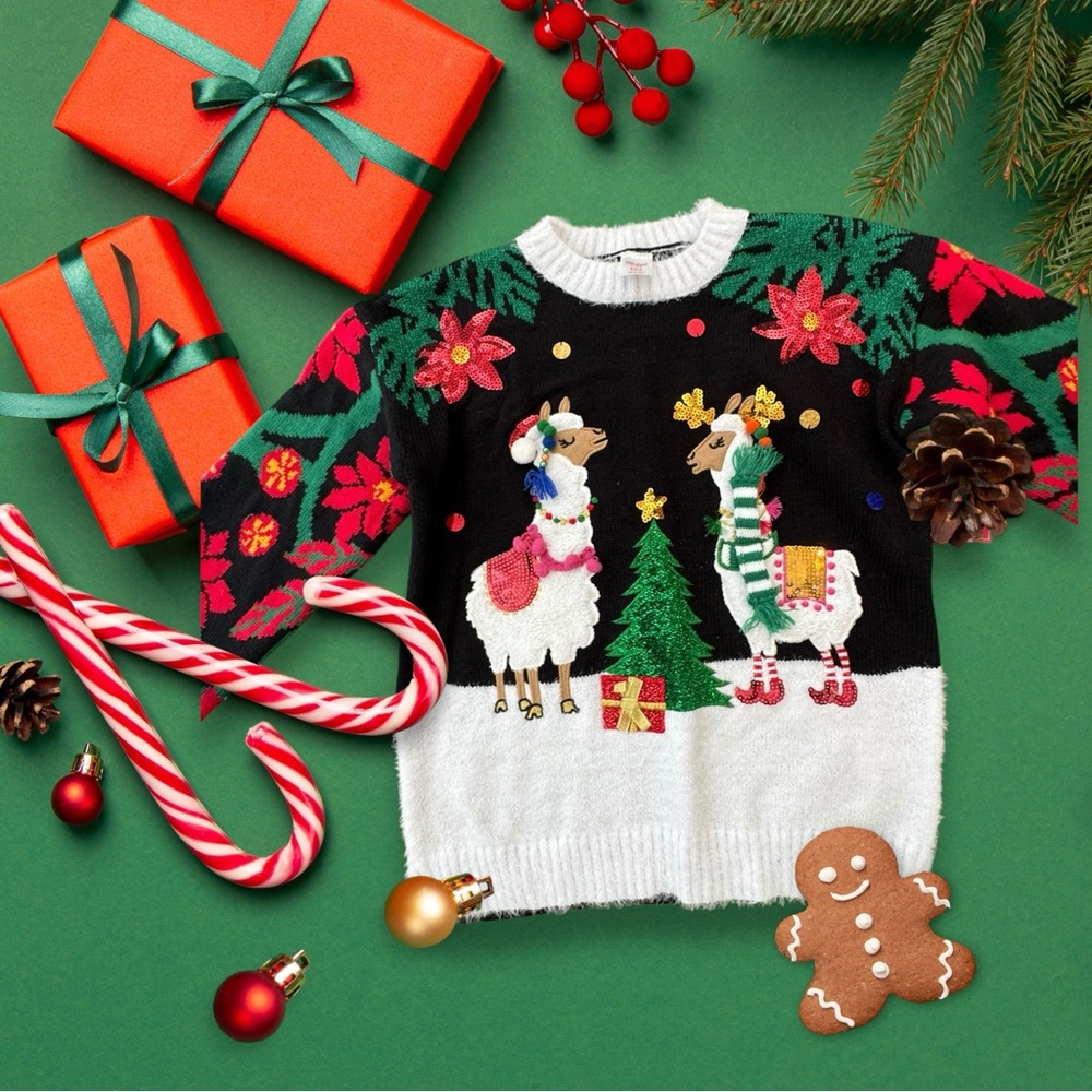 Festive Llama Christmas Sweater - Black, Green, Red, White